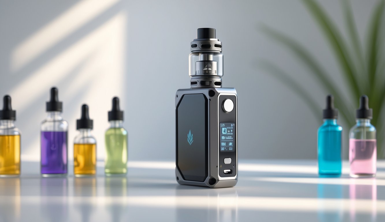 Perangkat vape mod modern dengan beberapa botol cairan vape di atas permukaan putih yang bersih.