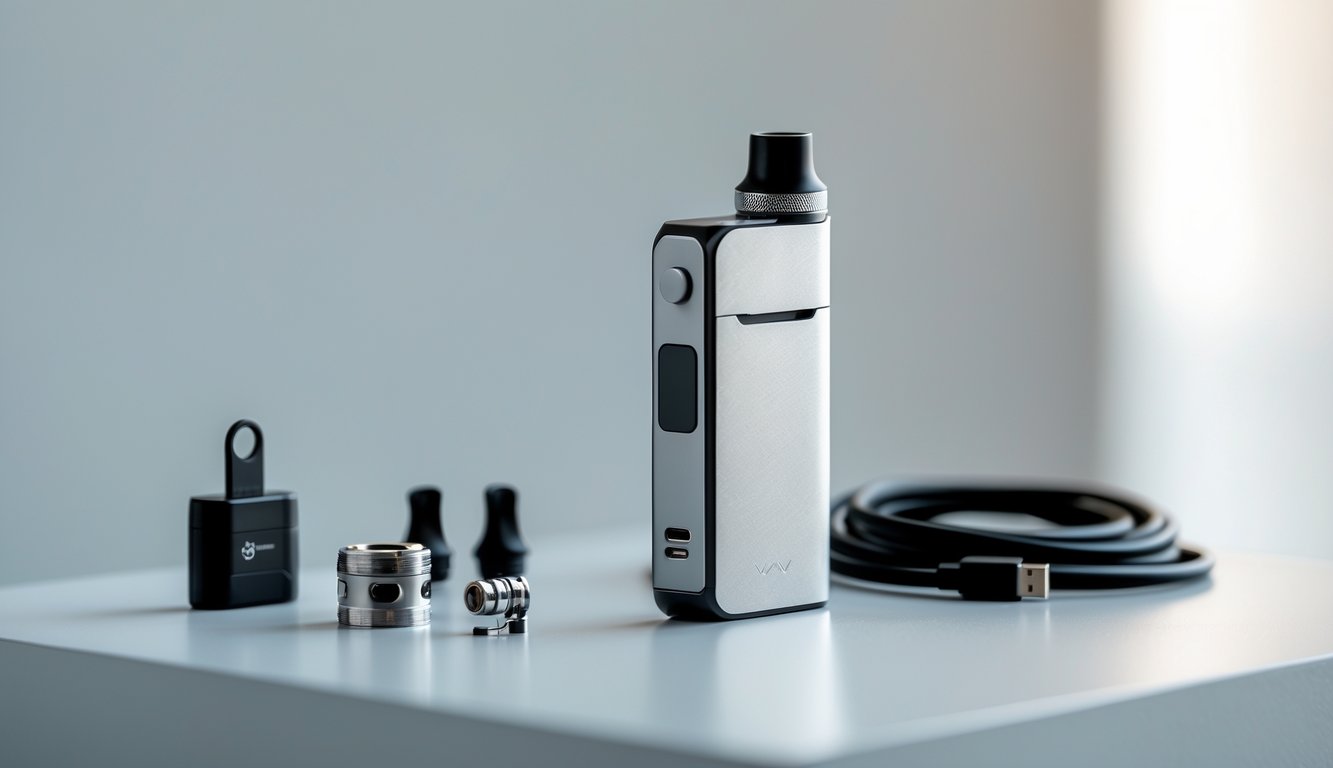 Perangkat vape modern dan aksesori terkait diletakkan di atas permukaan bersih dengan latar belakang buram.