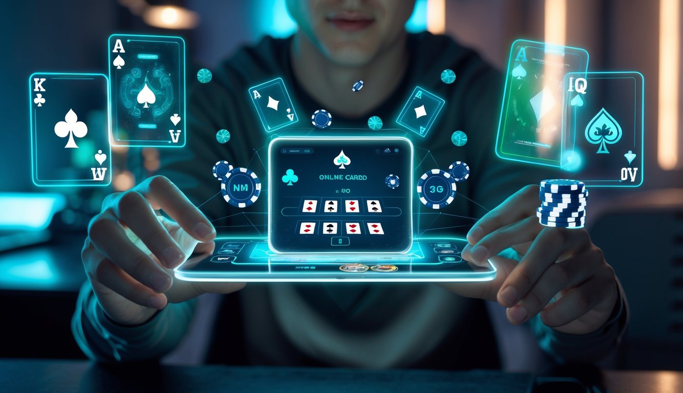 Seorang dewasa muda memegang tablet transparan dengan antarmuka permainan kartu online futuristik dan elemen holografik bermain kartu serta chip di sekitarnya.