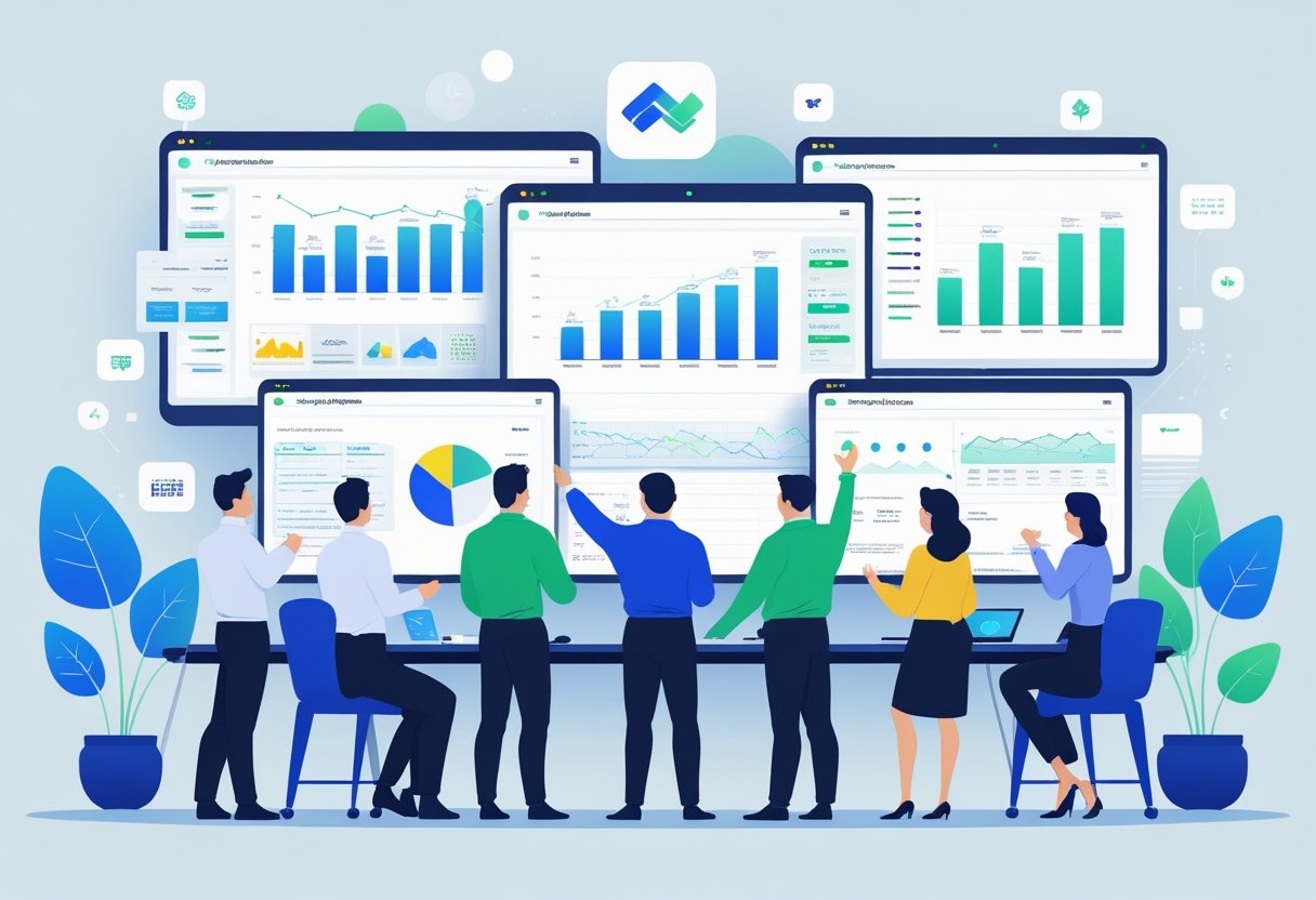 A group of professionals in an office analyzing charts and data on multiple screens related to Amazon listing optimization.