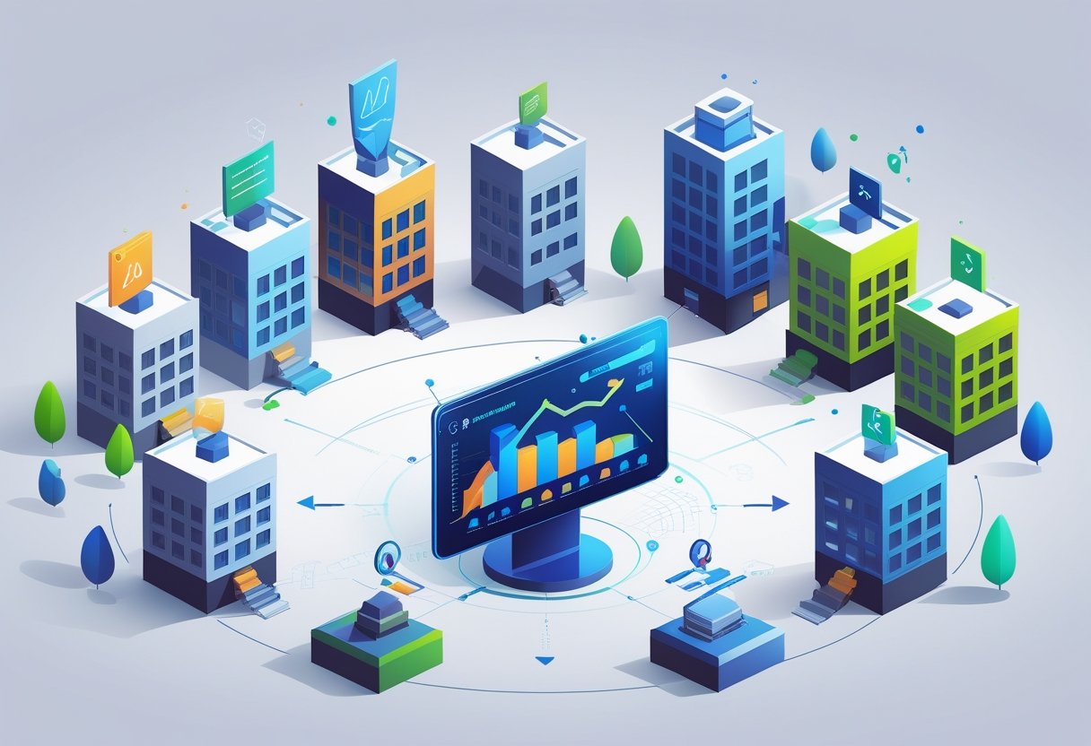 Seven office buildings arranged around a central digital dashboard showing charts and graphs, symbolizing a comparison of top Amazon listing optimization agencies.