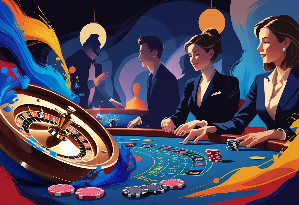 A casino scene where artistic patterns and brushstrokes blend with gambling elements like a roulette wheel and poker chips, showing people engaged in the game.