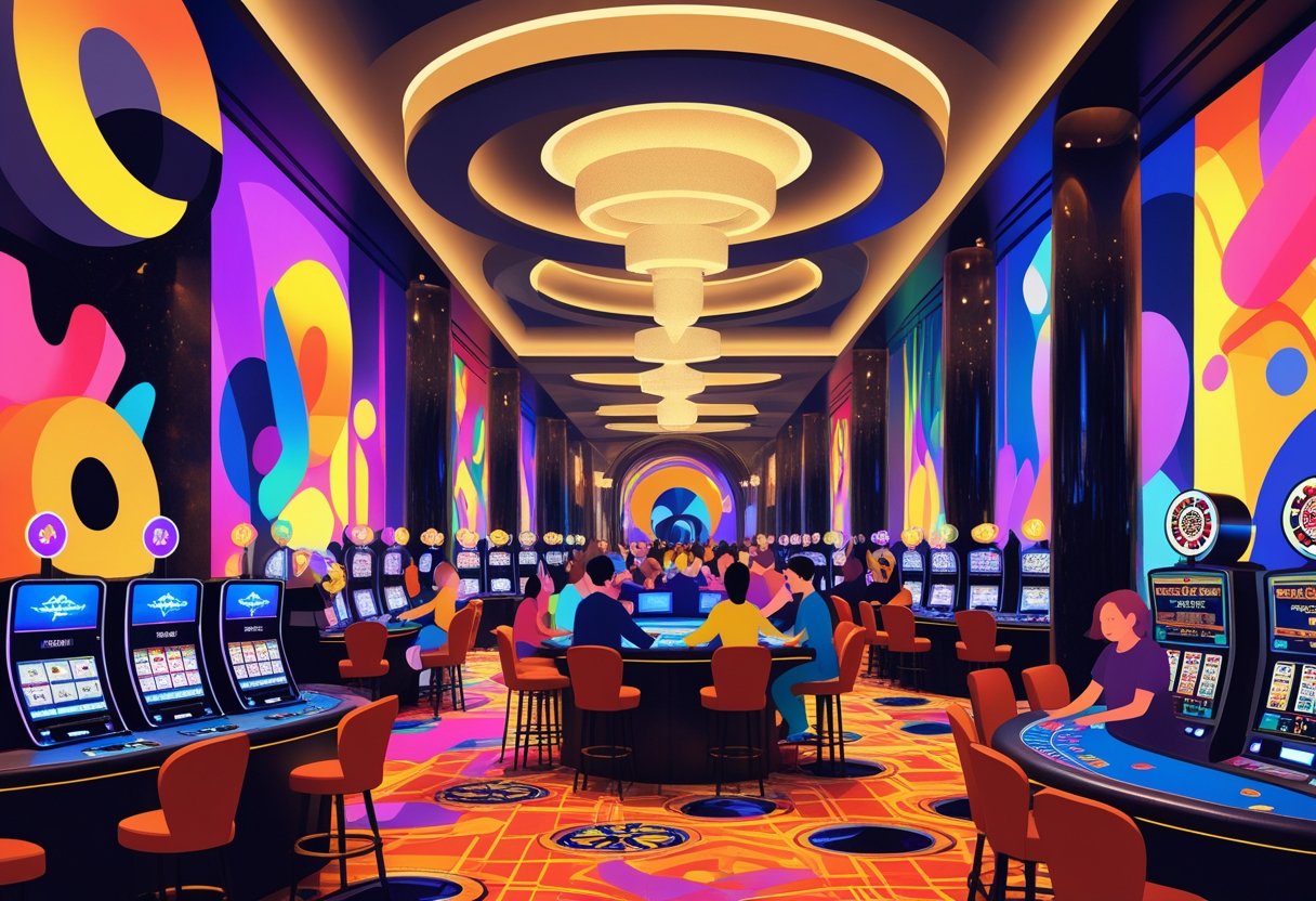 A lively casino interior with colorful murals and sculptures, showing people playing at gaming tables and slot machines.