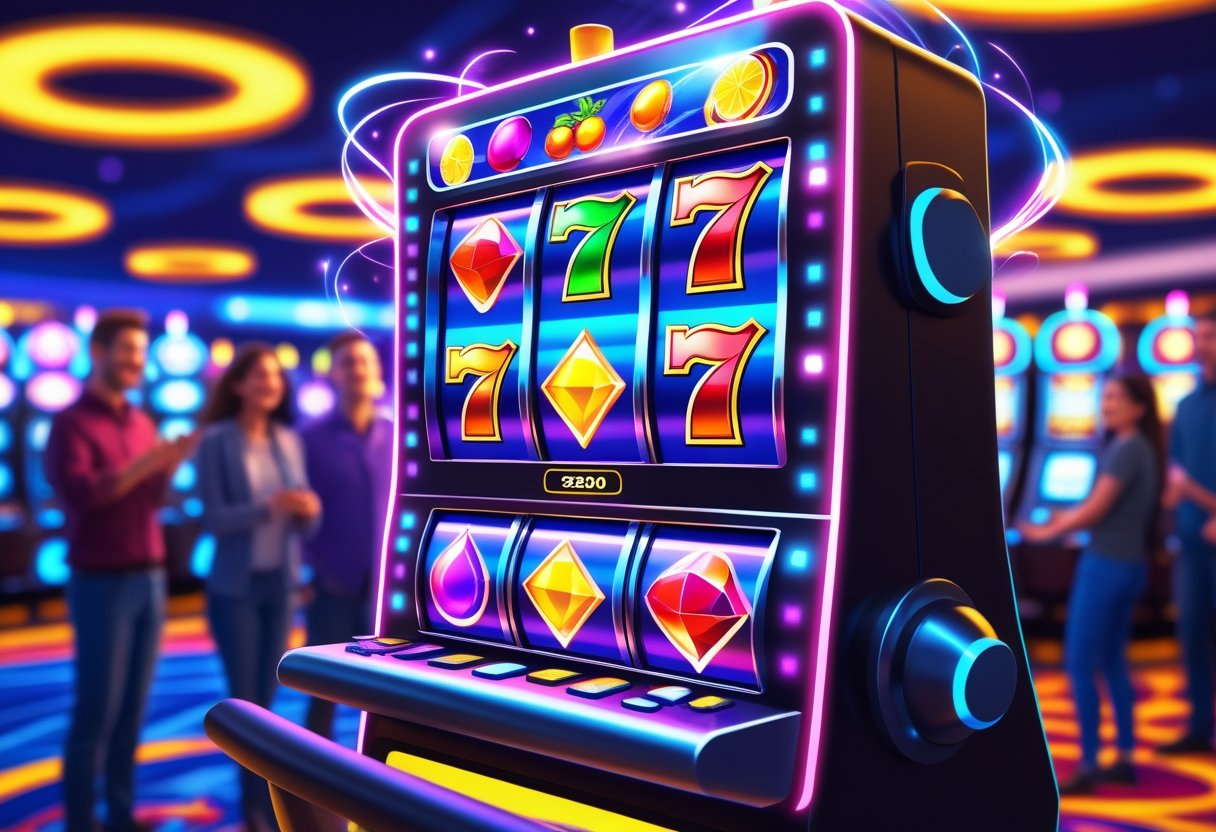 A slot machine with colorful symbols glowing on its reels, surrounded by excited players in a casino setting.