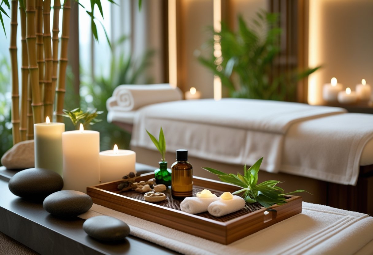 Une salle de spa élégante avec une table de massage, des huiles essentielles, des pierres lisses et des plantes vertes, créant une ambiance de détente.