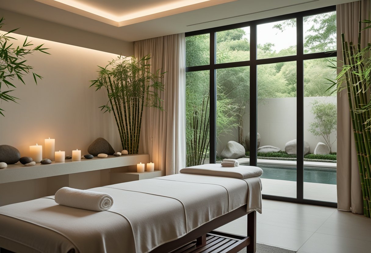 Une chambre de spa élégante avec une table de massage, des plantes et une grande fenêtre donnant sur un jardin paisible.