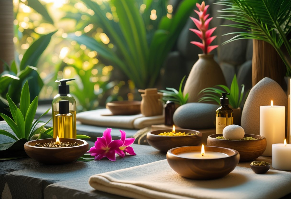 Un espace de spa paisible avec des plantes tropicales, des fleurs colorées et des objets artisanaux traditionnels de Bahia, créant une atmosphère de détente.