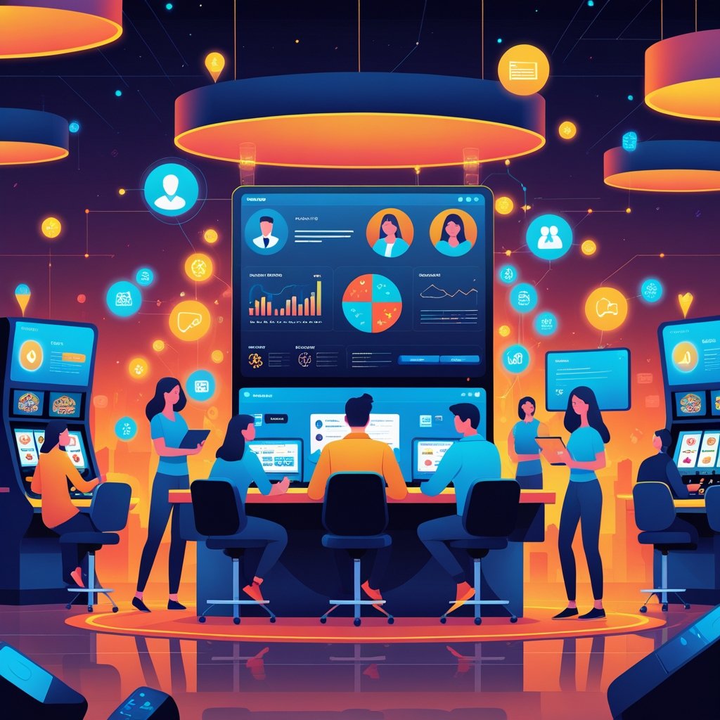 A casino scene showing players interacting with games while data visualizations and a marketing analyst use digital tools to create personalized gaming experiences.
