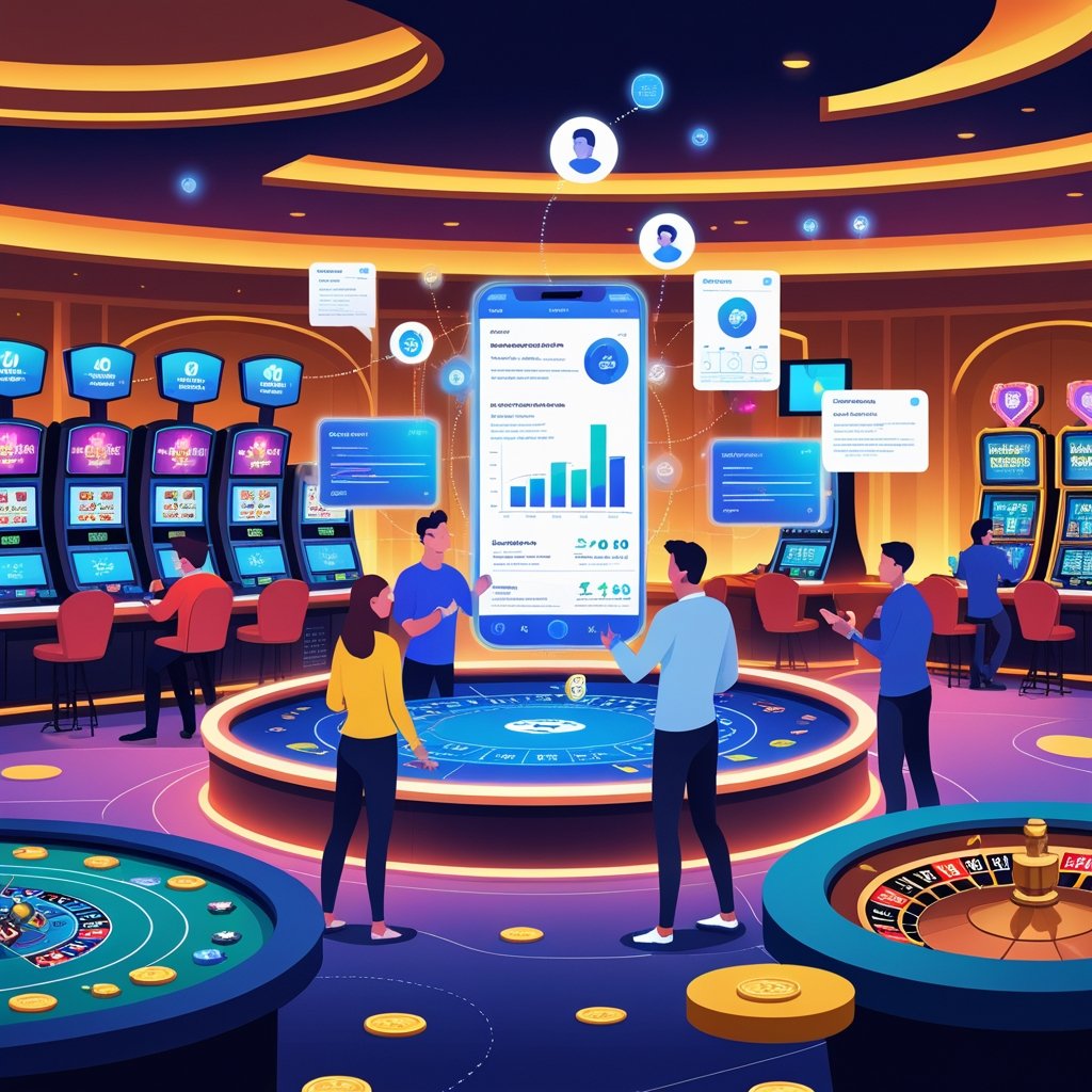 A casino scene showing players interacting with personalized digital interfaces and data visuals, surrounded by gaming tables and slot machines.