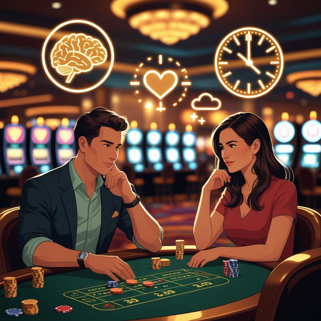 Two gamblers sitting at a casino table with chips and cards, surrounded by icons representing brain, heart, and clock, in a softly lit casino setting.