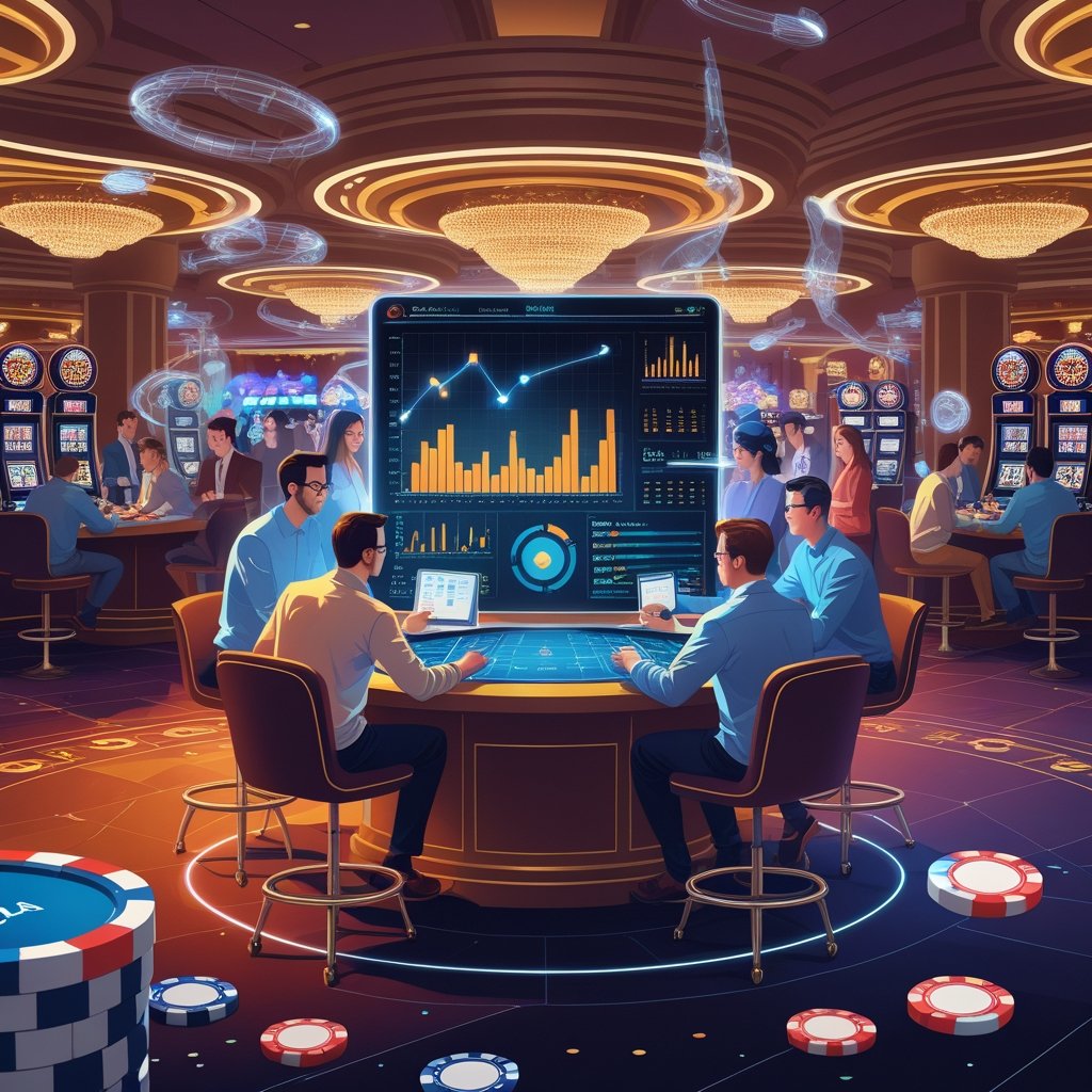 A group of analysts working with digital data displays in a casino environment with gaming tables and slot machines in the background.