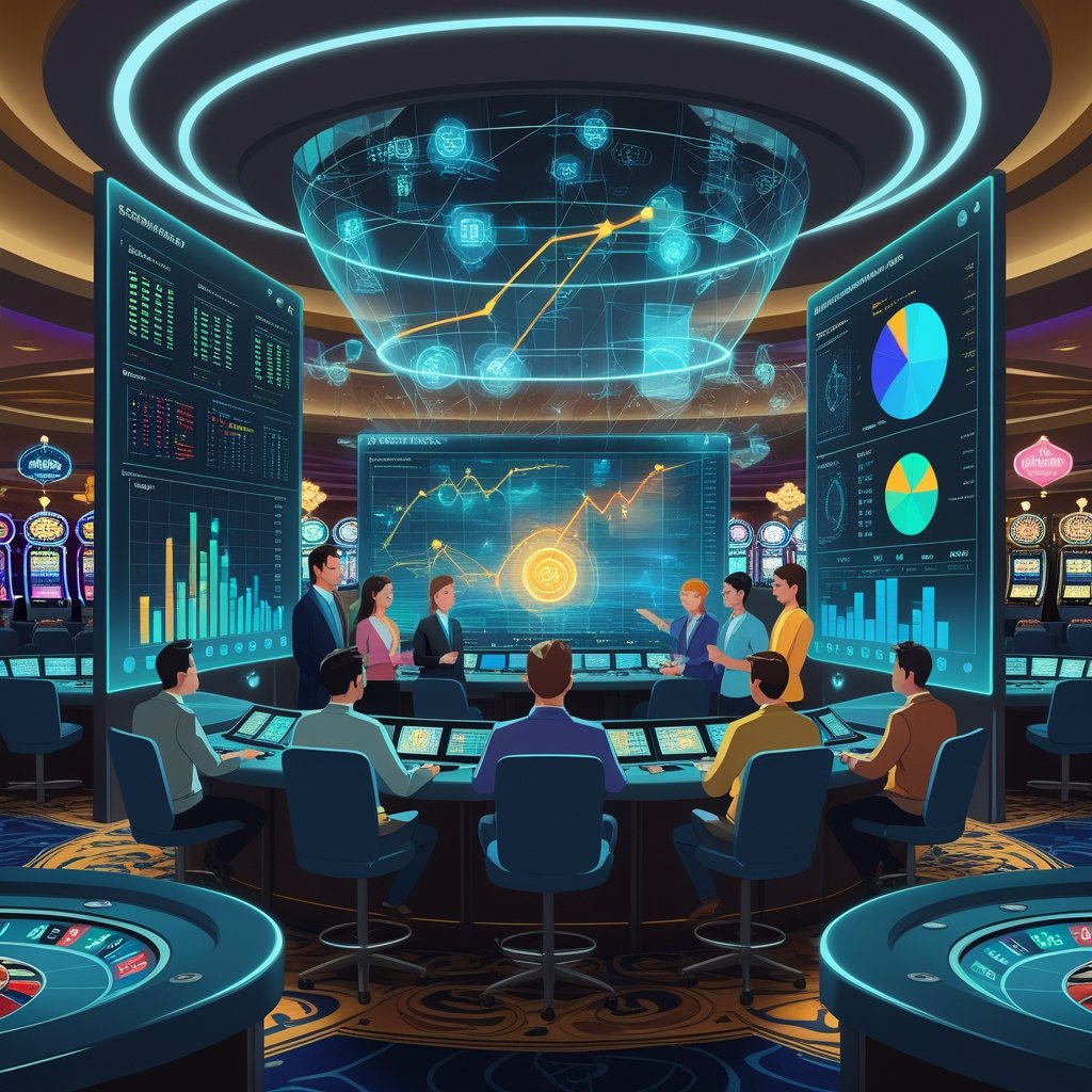 A team of analysts and managers reviewing data visualizations on digital screens in a control room overlooking a busy casino floor with slot machines and gaming tables.