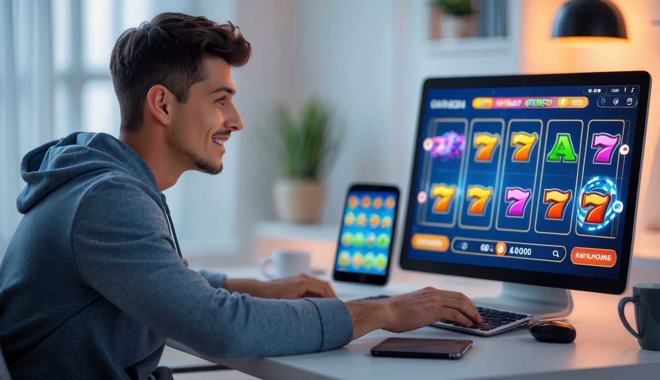 Seorang pria muda duduk di depan laptop yang menampilkan permainan slot online, dengan suasana ruangan yang nyaman dan pencahayaan hangat.