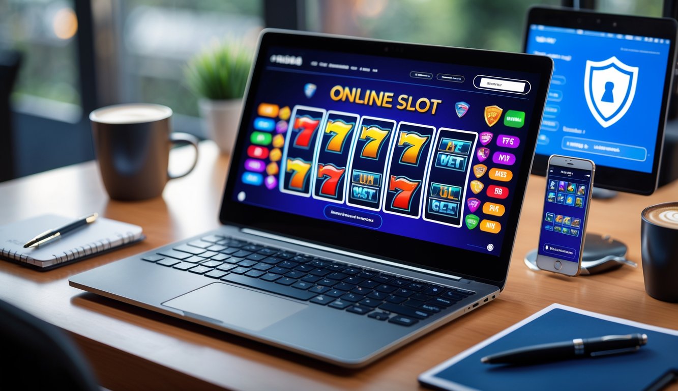 Seorang pengguna duduk di depan laptop dengan tampilan permainan slot online, di meja terdapat smartphone, secangkir kopi, dan alat tulis, menggambarkan suasana memilih situs slot online terpercaya dan stabil.