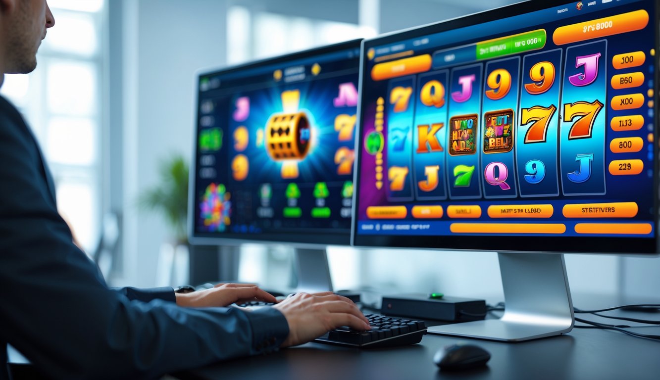 Seorang profesional menggunakan komputer dengan layar menampilkan permainan slot online berwarna-warni di lingkungan kantor yang terang dan rapi.