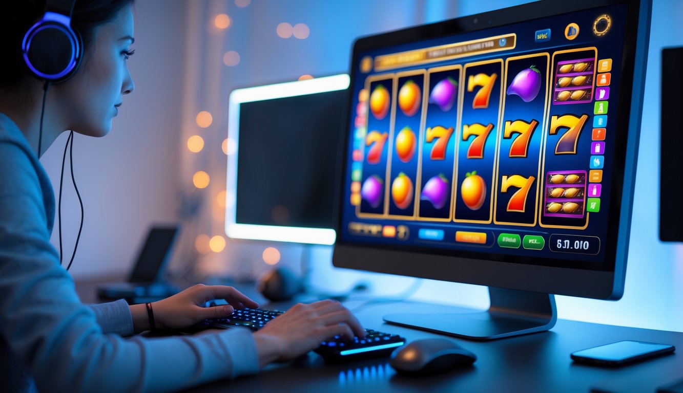 Seseorang sedang bermain permainan slot online di komputer dengan tampilan layar yang menampilkan gulungan mesin slot berwarna cerah.