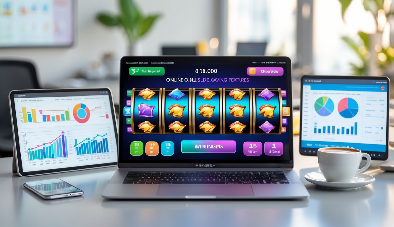 Seorang profesional sedang menggunakan komputer dengan tampilan permainan slot online modern yang menunjukkan fitur bonus, di ruang kerja yang rapi dan terang.