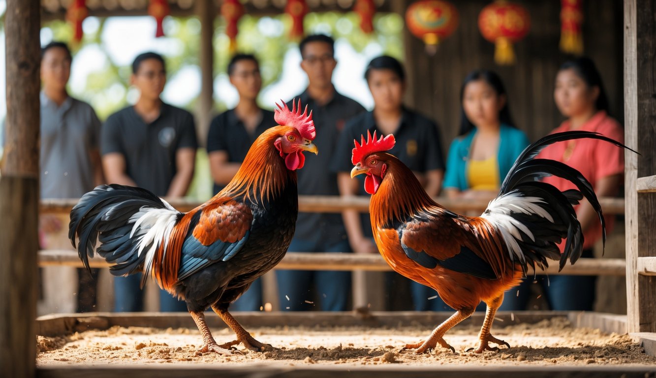 Dua ayam jantan sedang bertarung di depan sekelompok penonton yang memperhatikan dengan serius di sebuah tempat tradisional.