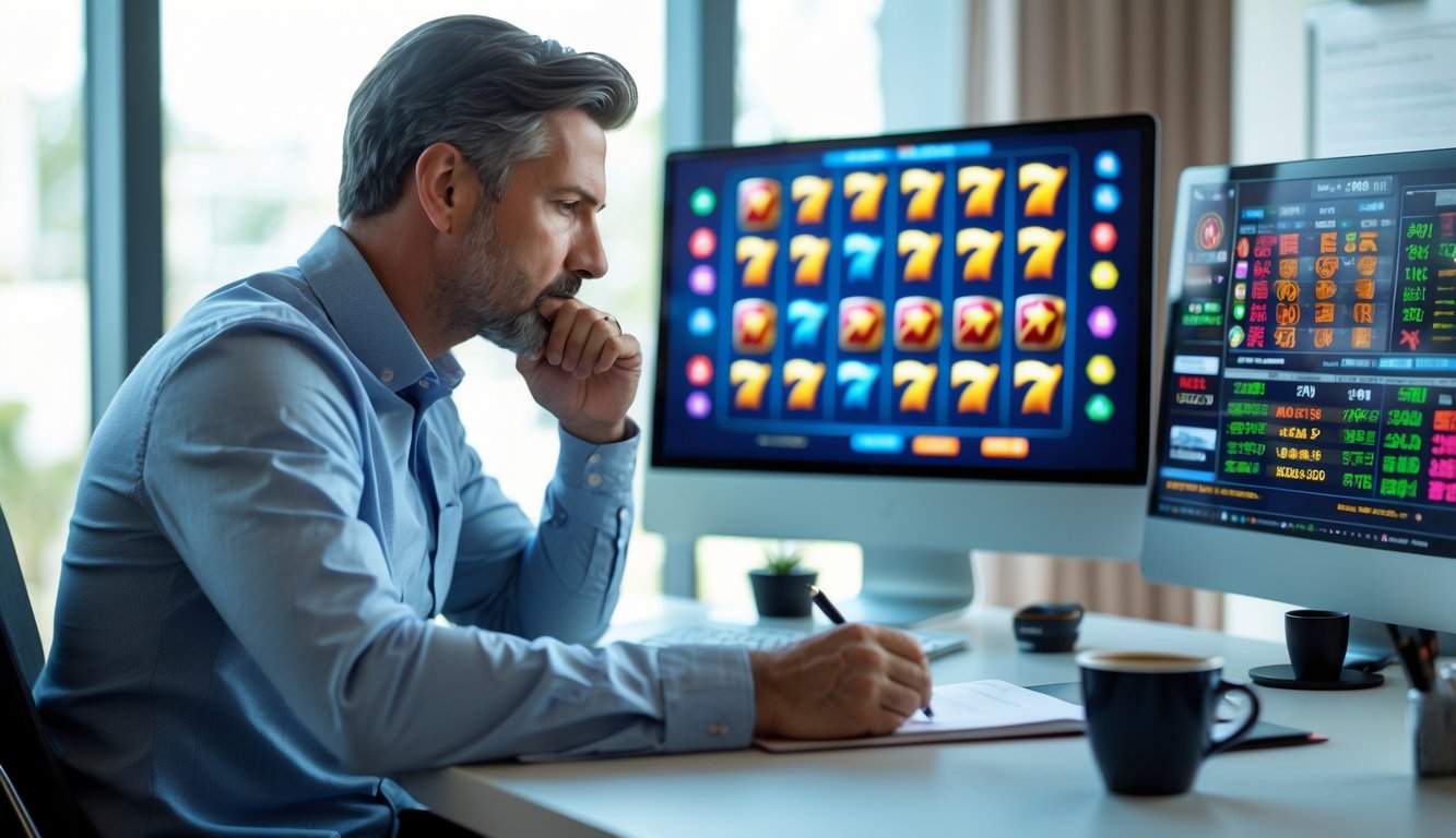 Seorang pria dewasa sedang duduk di meja modern sambil menganalisis data permainan slot online di layar laptop dan monitor kedua.