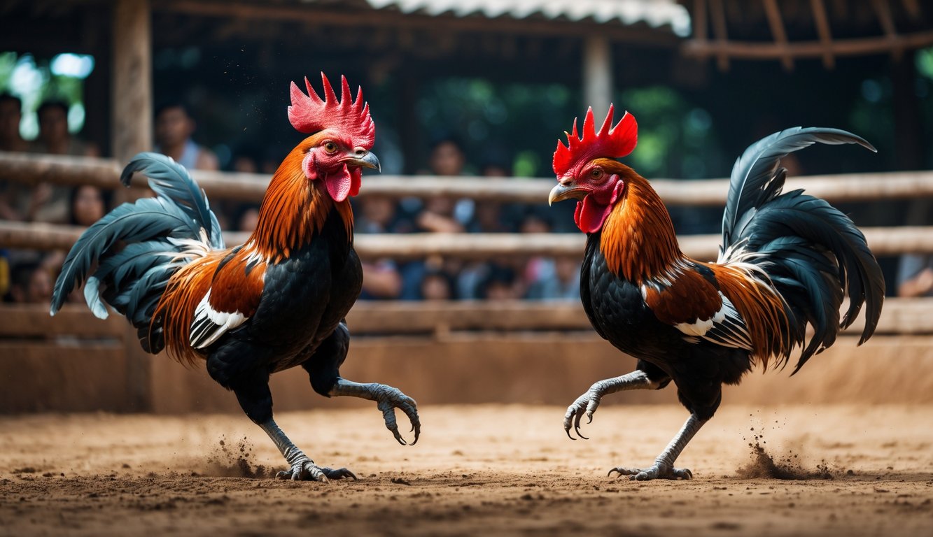 Dua ayam petarung sedang bertarung di arena tradisional dengan latar belakang penonton dan lantai arena bertekstur tanah.