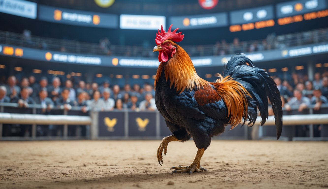Seekor ayam jago berdiri di arena sabung dengan penonton yang memperhatikan di latar belakang.