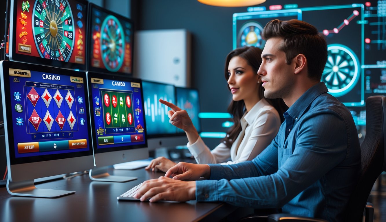 Dua orang muda sedang fokus menggunakan komputer dengan tampilan permainan kasino online di layar, di ruangan modern dan terang.