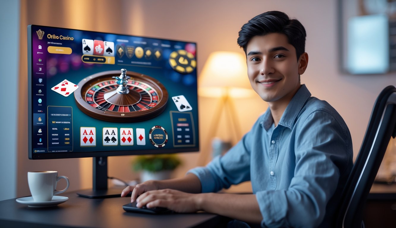 Seorang dewasa muda duduk di depan komputer yang menampilkan permainan kasino online dengan suasana rumah yang nyaman.