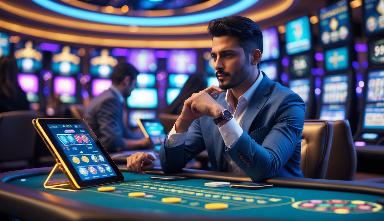 Seorang pria duduk di meja permainan kasino digital, tampak fokus sedang menganalisis strategi permainan dengan layar digital di depannya.