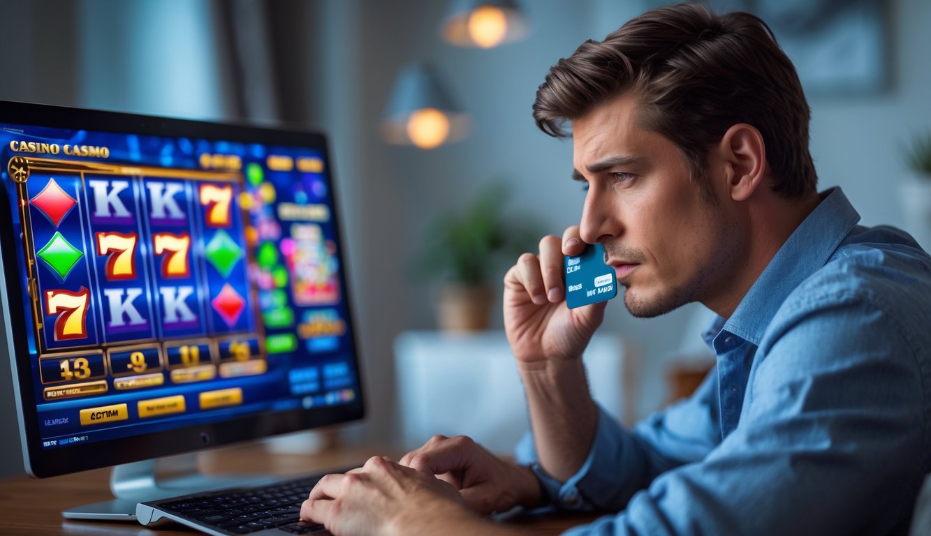 Seorang pria muda duduk di depan laptop dengan tampilan permainan kasino online, tampak fokus dan berhati-hati saat bermain di ruangan yang terang dan rapi.