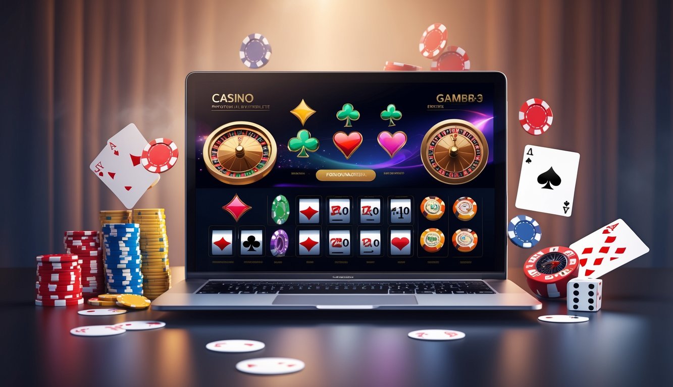 Sebuah laptop menampilkan berbagai permainan kasino online populer dengan chip poker, kartu, dadu, dan roda roulette di sekitarnya.