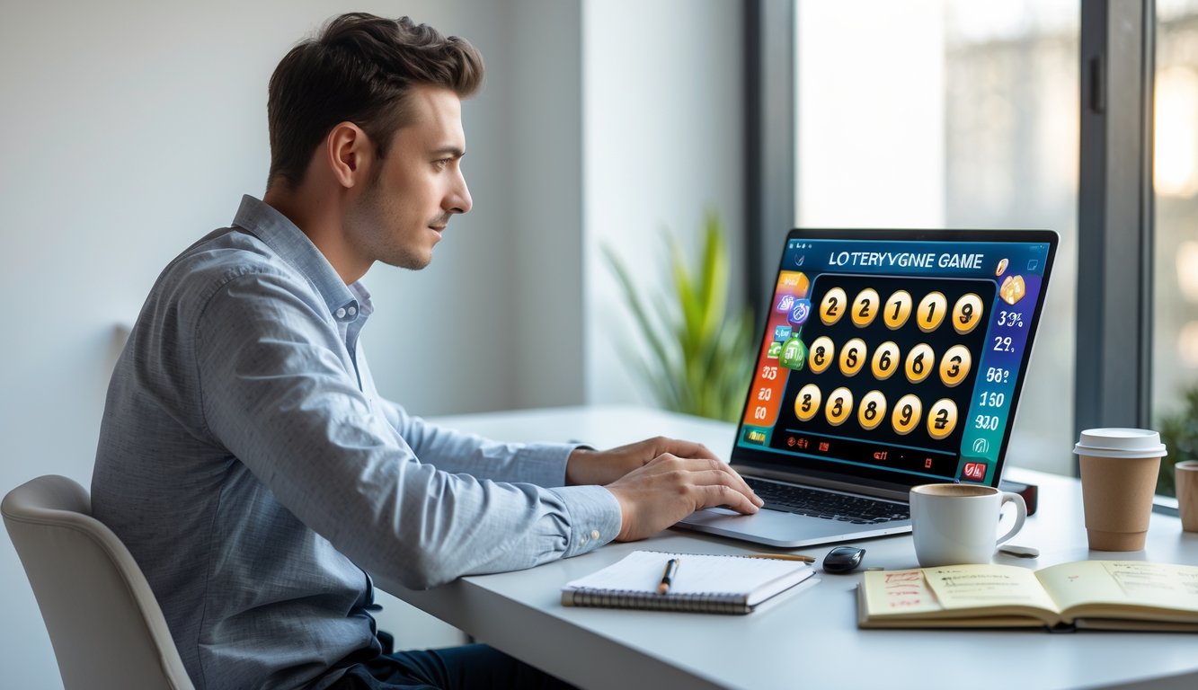 Seorang pria muda duduk di meja dengan laptop, fokus bermain permainan togel online di ruangan yang terang dan rapi.