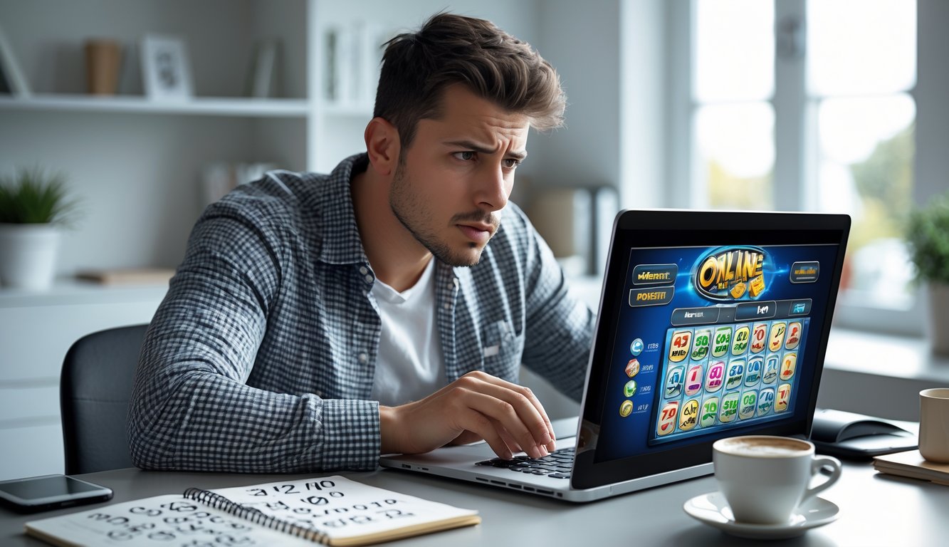 Seorang pria muda duduk di meja dengan laptop, tampak fokus dan sedikit frustrasi saat bermain togel online di ruang kerja rumah.