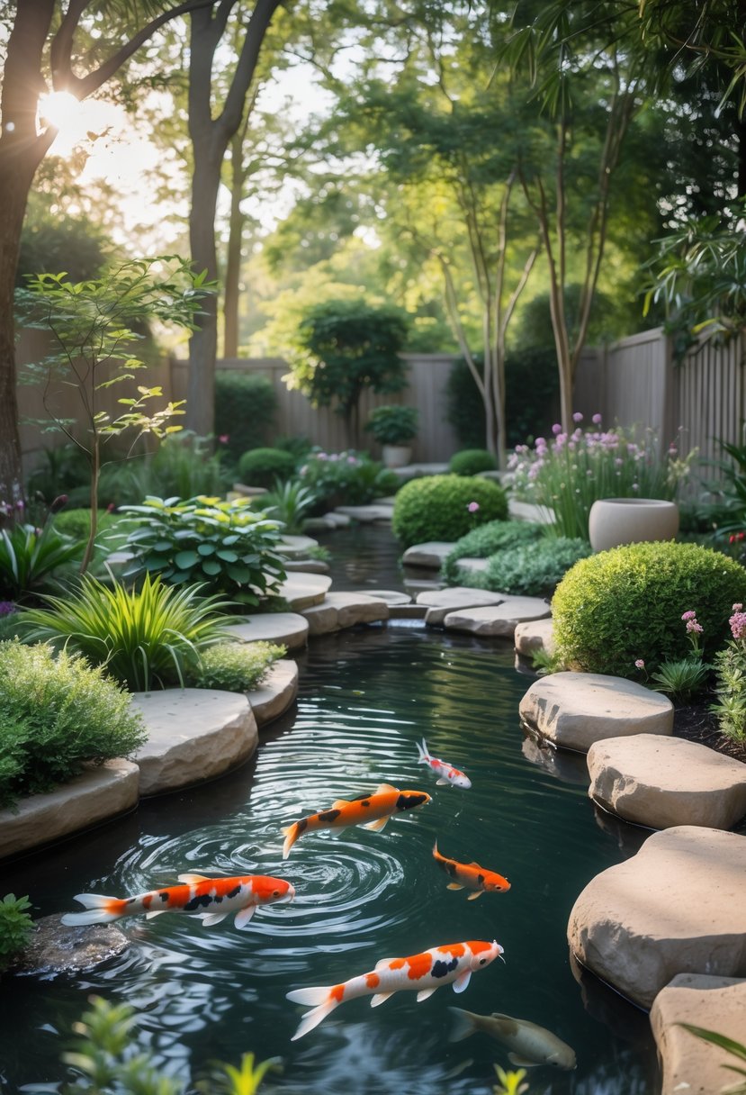 A peaceful garden with a clear koi pond, colorful fish swimming, green plants, flowering shrubs, and natural stone pathways under soft sunlight.