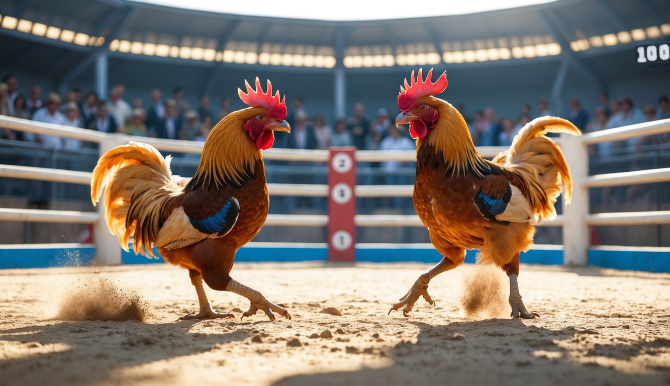 Dua ayam jago sedang bertarung di arena dengan penonton memperhatikan di latar belakang.