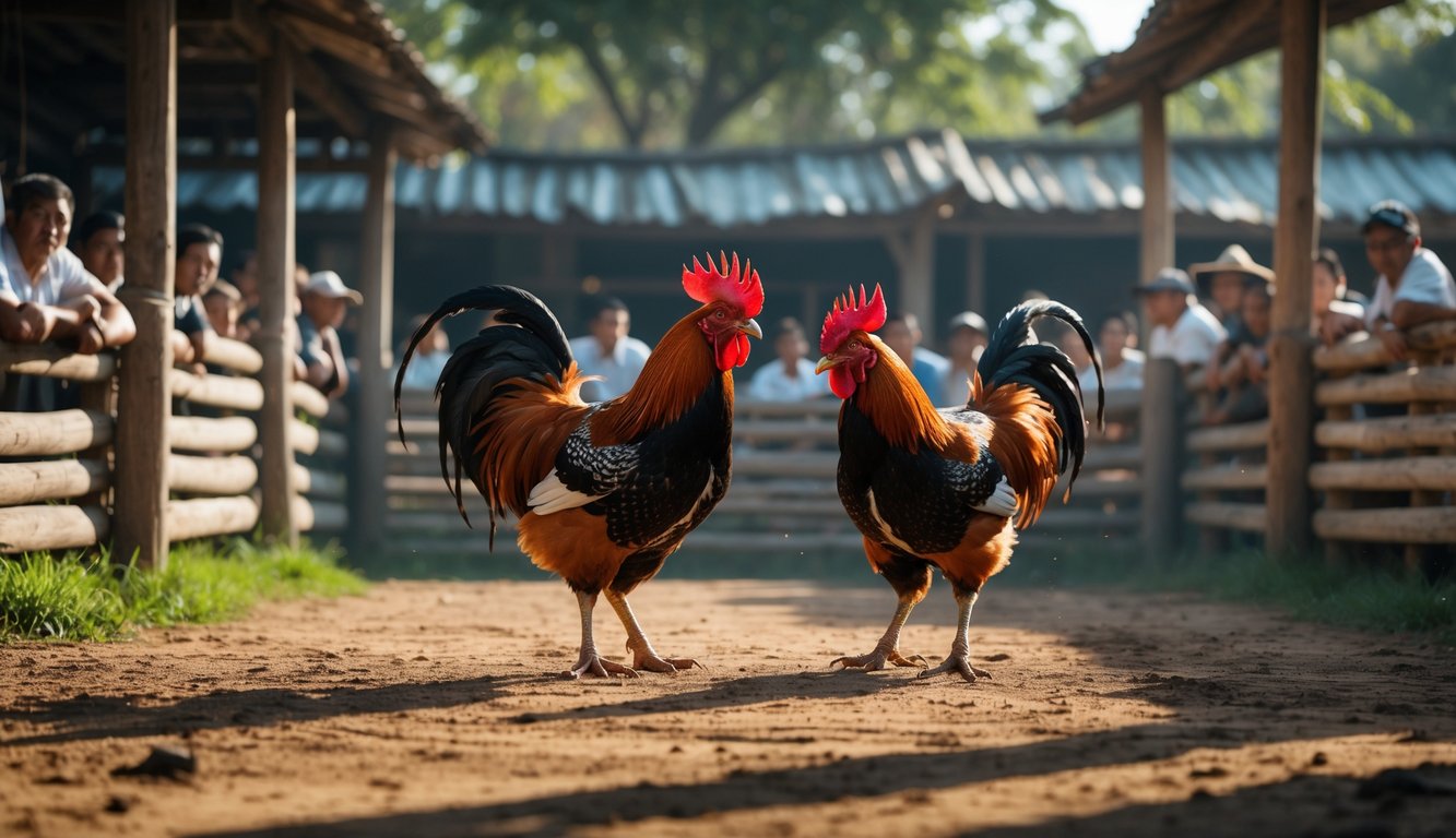 Dua ayam petarung berdiri di arena sabung dengan penonton fokus mengamati di sekitarnya.