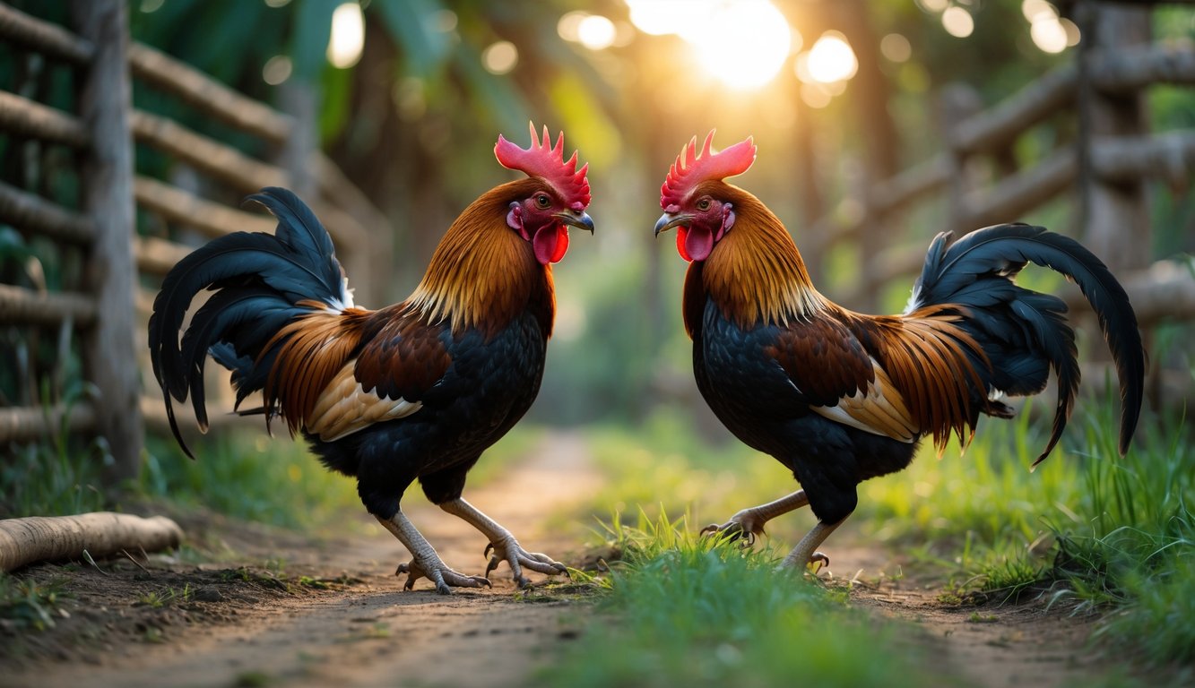 Dua ayam petarung saling berhadapan di lingkungan luar ruangan dengan latar belakang alami.