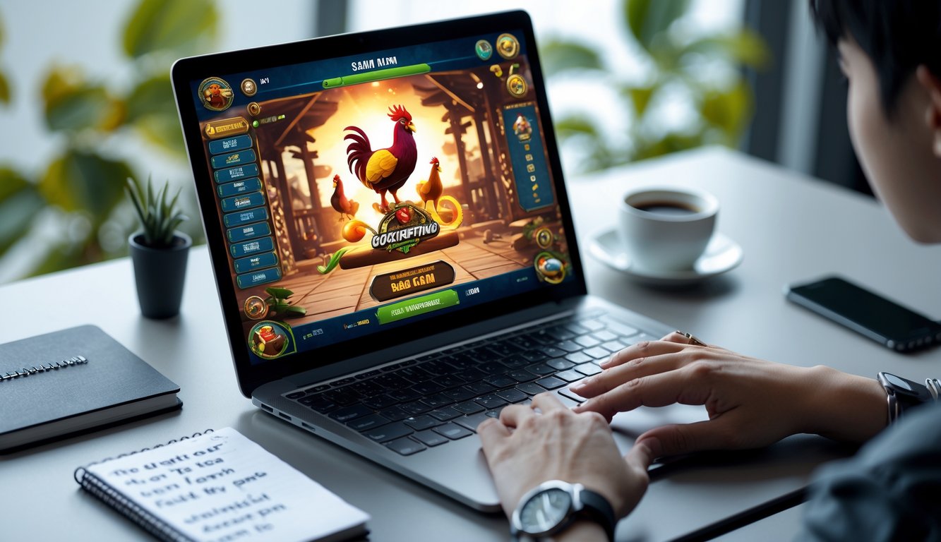 Seorang pemain baru sedang menggunakan laptop untuk bermain permainan sabung ayam digital di meja kerja dengan catatan dan ponsel di sampingnya.
