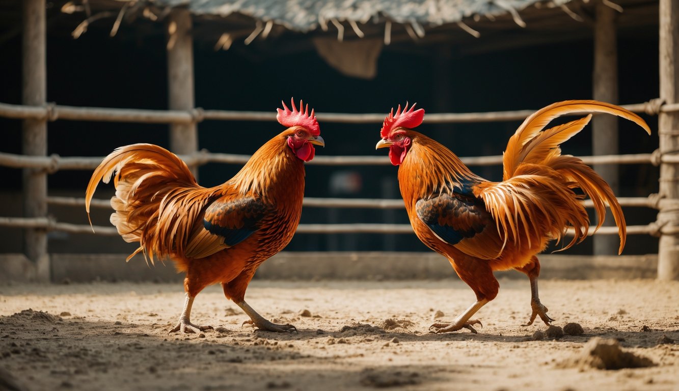 Dua ayam jago sedang berhadapan di arena pertarungan dengan latar belakang alami.