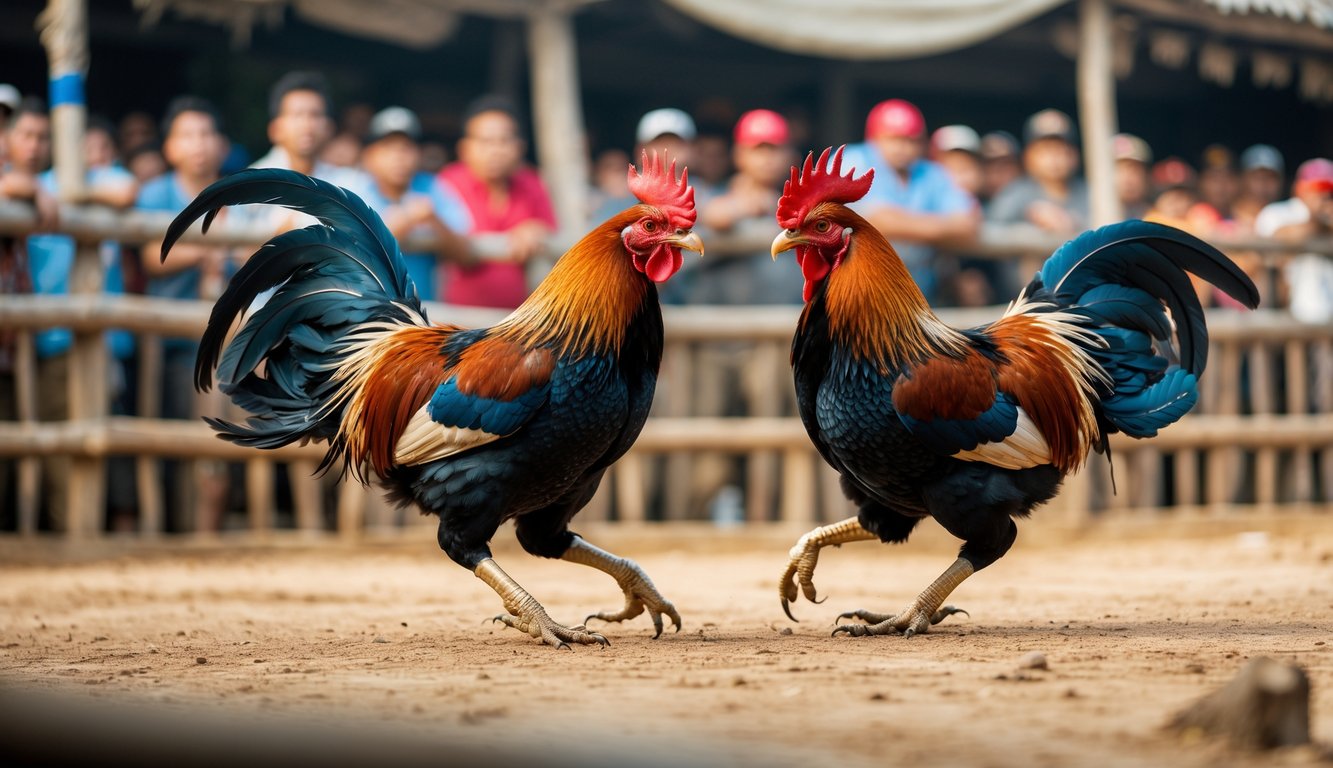 Dua ayam petarung sedang bertarung di arena dengan latar belakang penonton yang memperhatikan.