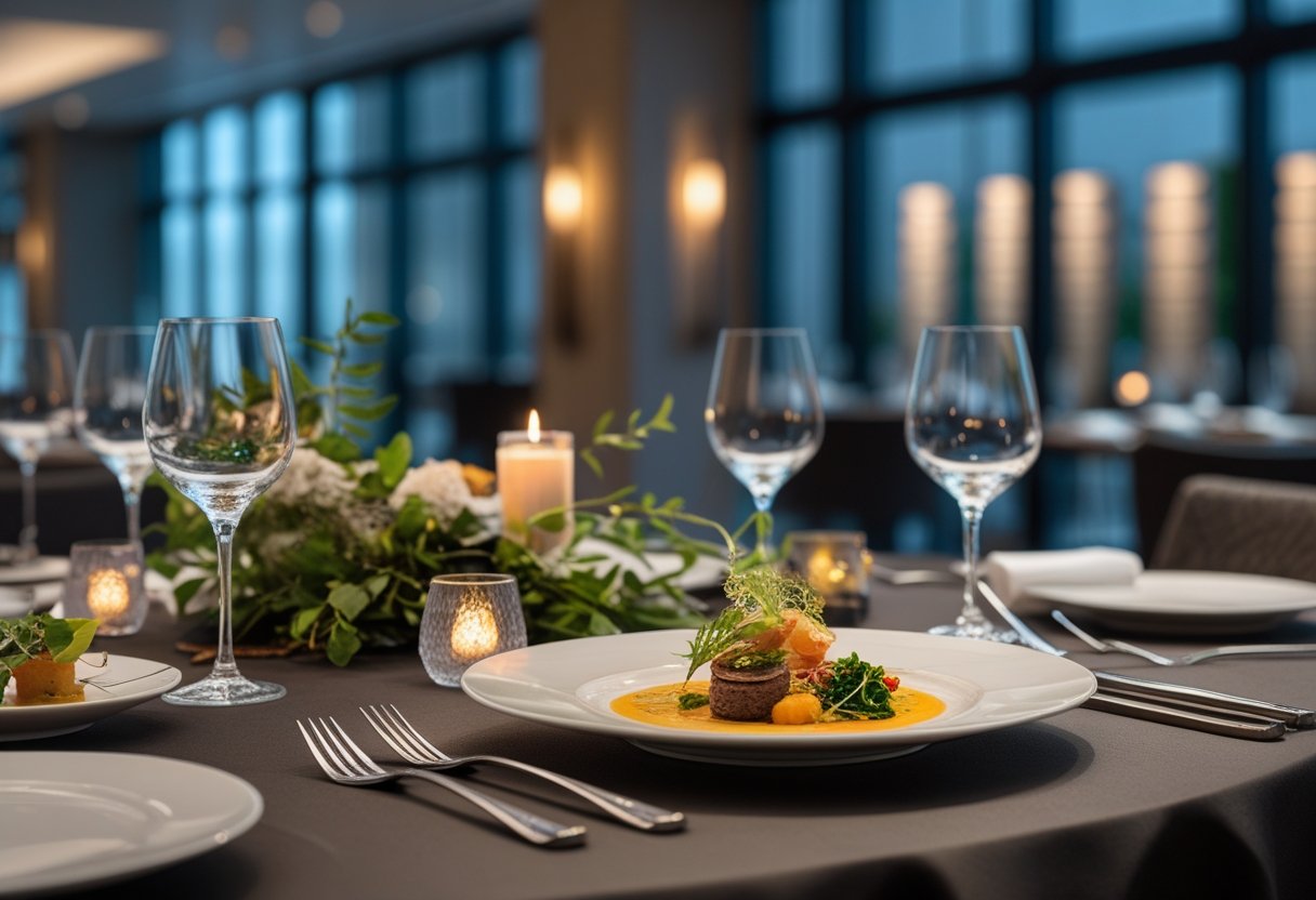 Une table élégante avec des plats gastronomiques artistiquement présentés dans un cadre moderne et sophistiqué.