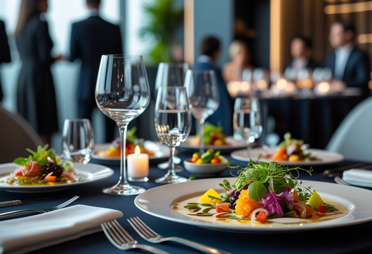 Une table élégamment dressée avec des plats gastronomiques et des invités en arrière-plan dans un cadre moderne.