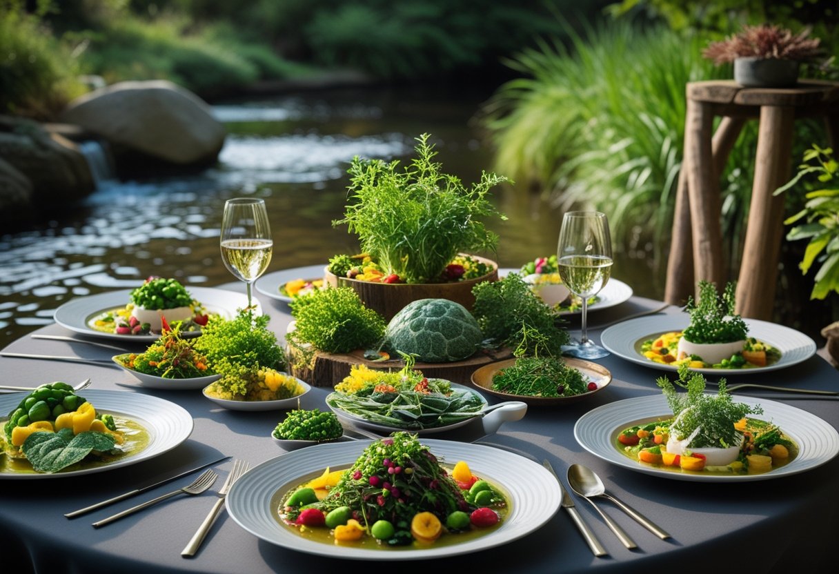 Table élégamment dressée en plein air avec des plats gastronomiques et des ingrédients naturels, entourée de verdure et de personnes dégustant un repas.