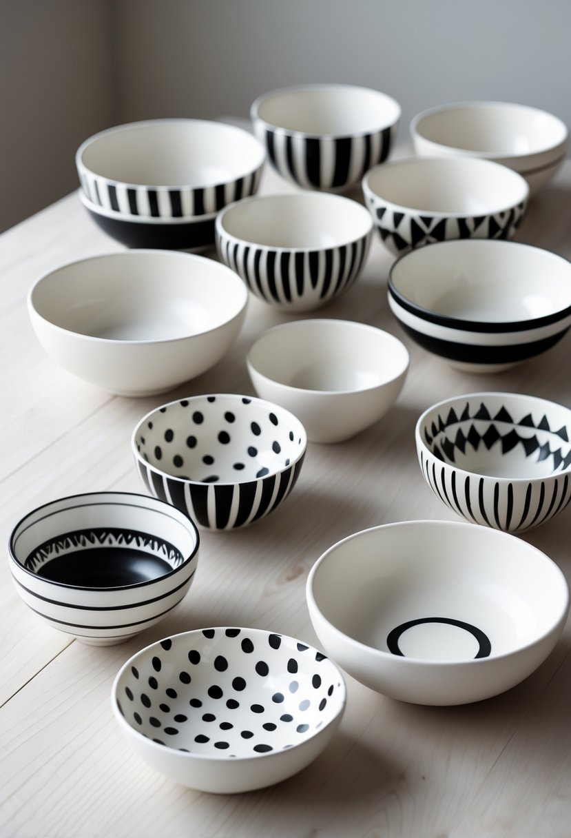 A collection of 15 ceramic bowls with black and white geometric patterns arranged on a wooden surface.