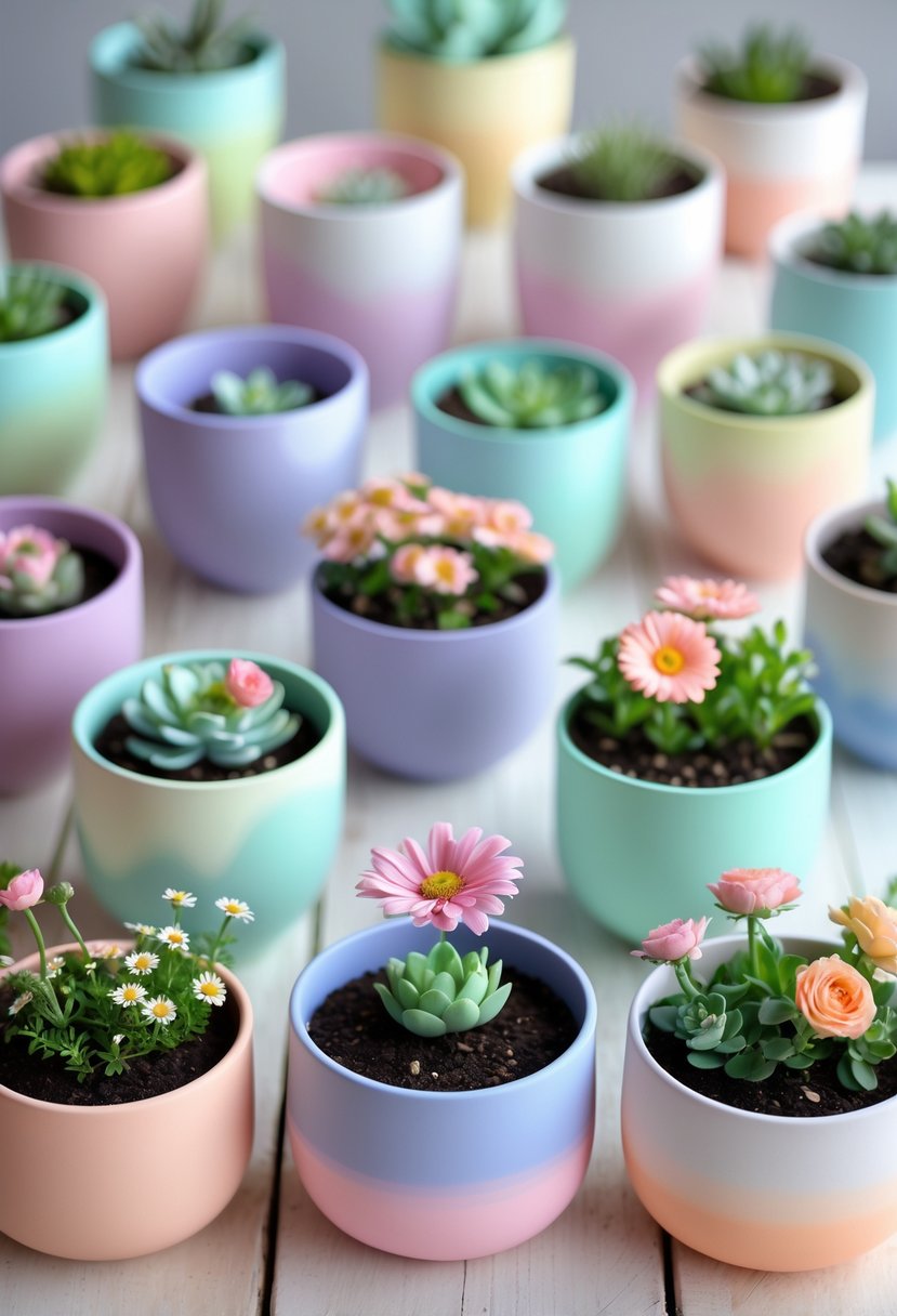 A collection of 15 colorful flower pots with small blooming plants arranged on a wooden surface.