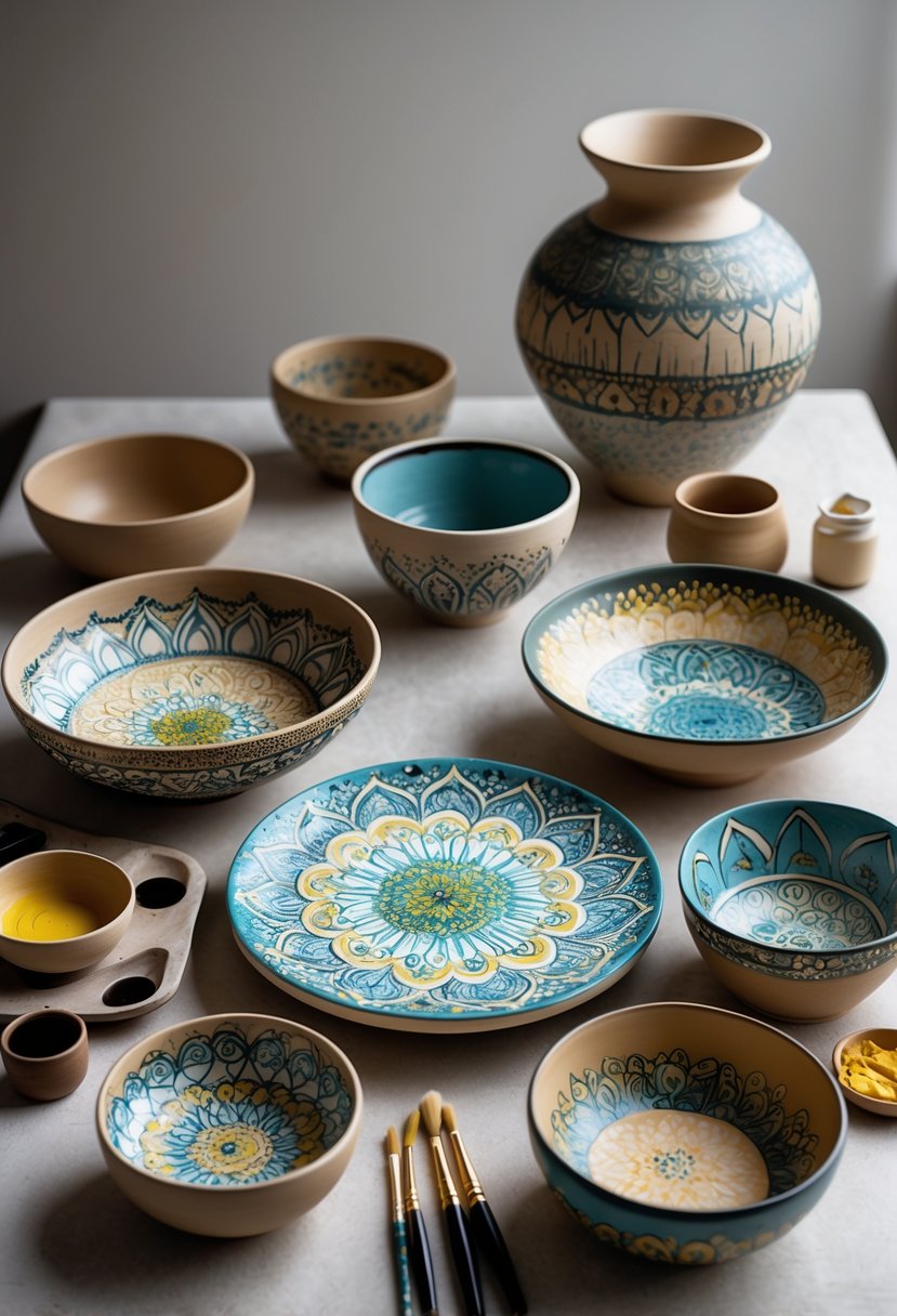 A collection of pottery pieces decorated with detailed mandala patterns using fine dot work, arranged on a surface with painting tools nearby.