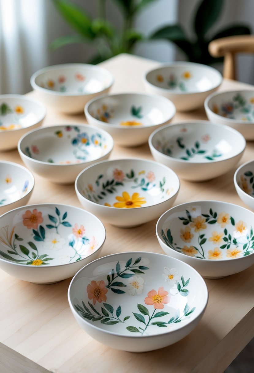 A collection of 15 ceramic bowls with different floral designs arranged on a wooden surface.