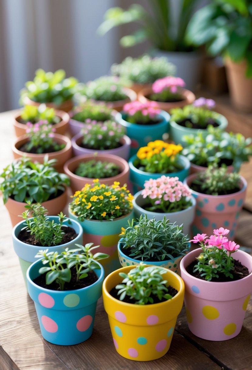A collection of 15 colorful flower pots with polka dot patterns, each holding small flowering plants and green leaves, arranged on a wooden table.