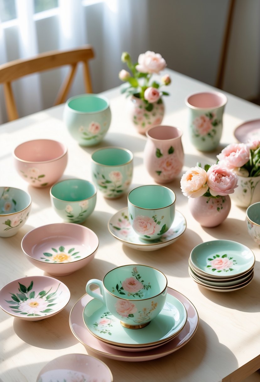 A collection of pastel-colored pottery pieces with floral designs arranged on a wooden table.