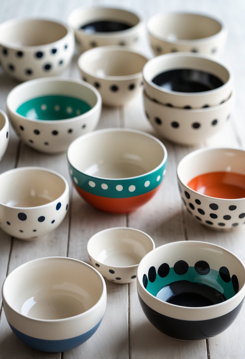 A collection of 15 simple ceramic bowls with colorful polka dot patterns arranged on a wooden surface.