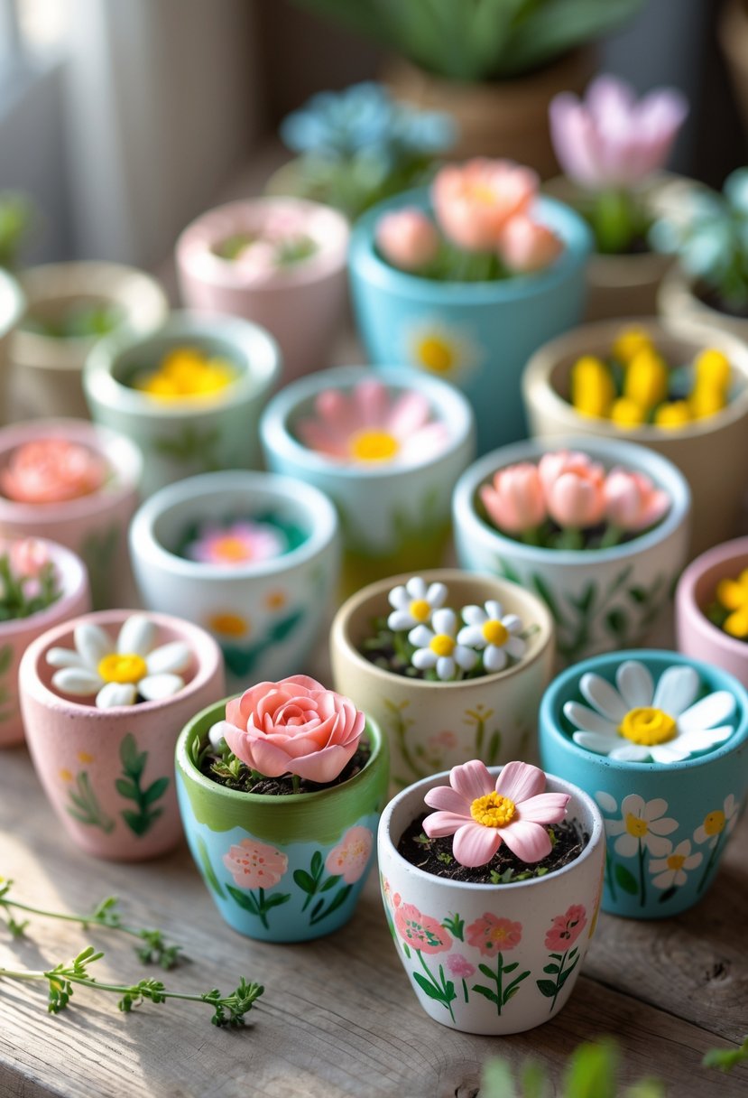 A collection of 15 small flower pots decorated with various colorful floral designs arranged on a wooden surface.